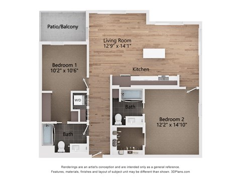 A 3D floor plan of a home with a living room, kitchen, two bedrooms, and a bathroom.